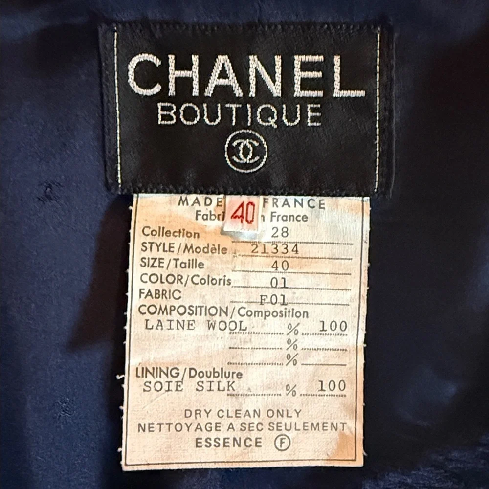 Vintage CHANEL Navy Tweed Fringed Jacket with Cream Vinyl Trim SZ40